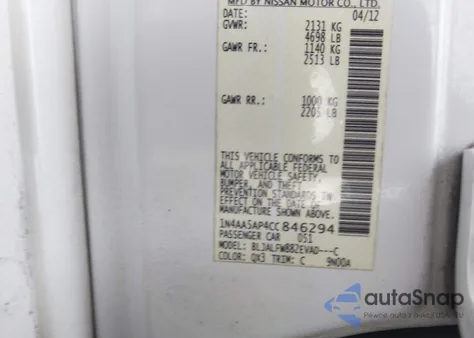 2012 Nissan Maxima 3.5 Sv from USA, damaged, VIN 1N4AA5AP4CC846294